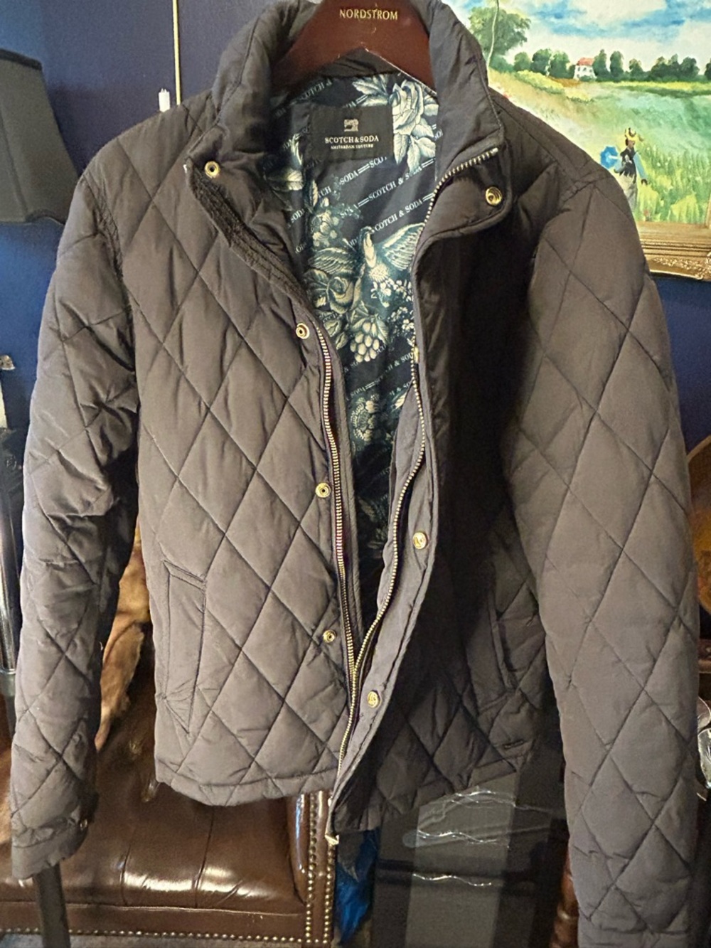 Scotch & Soda Quilted Jacket in Black with Blue Floral Lining